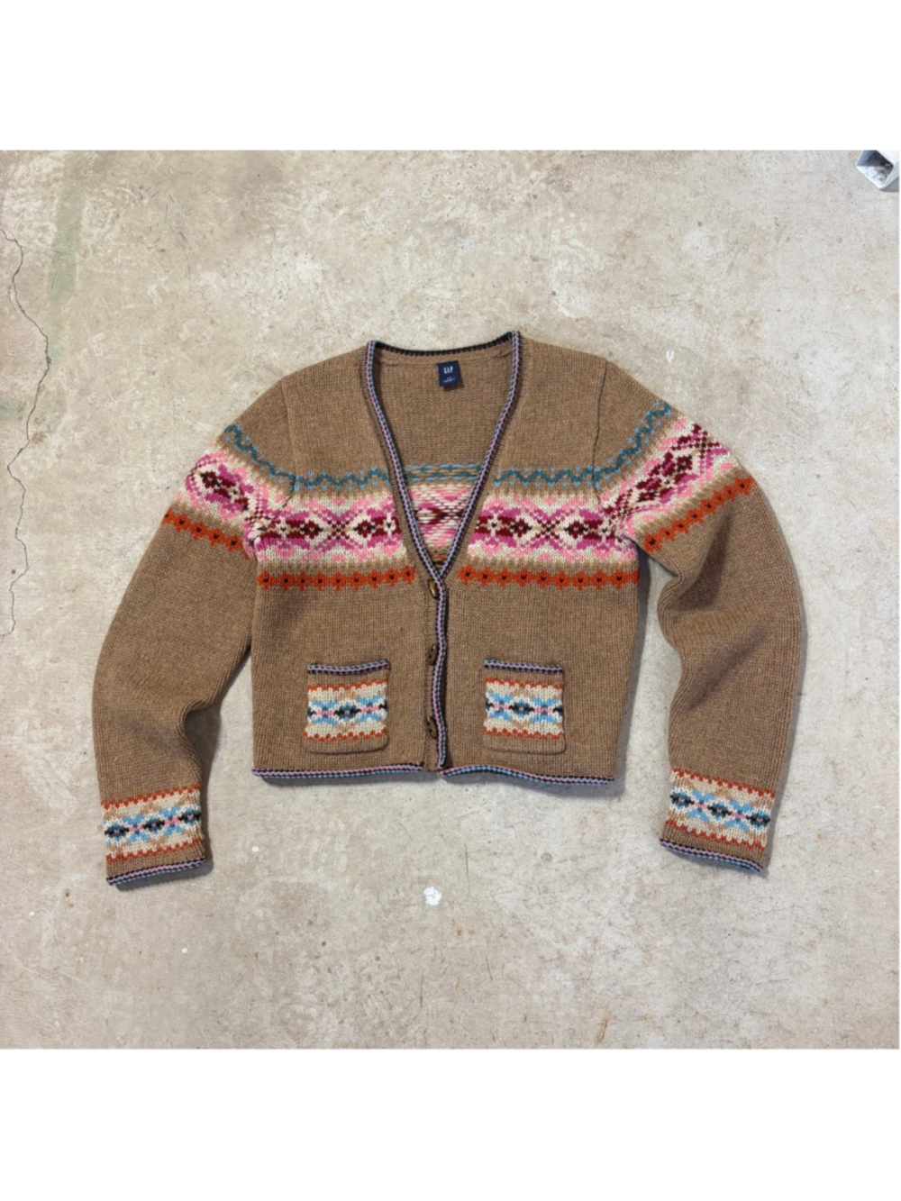 GAP Brown Fair Isle Lambswool Cardigan Women’s Large Button Front V-Neck Pockets - Picture 4 of 12